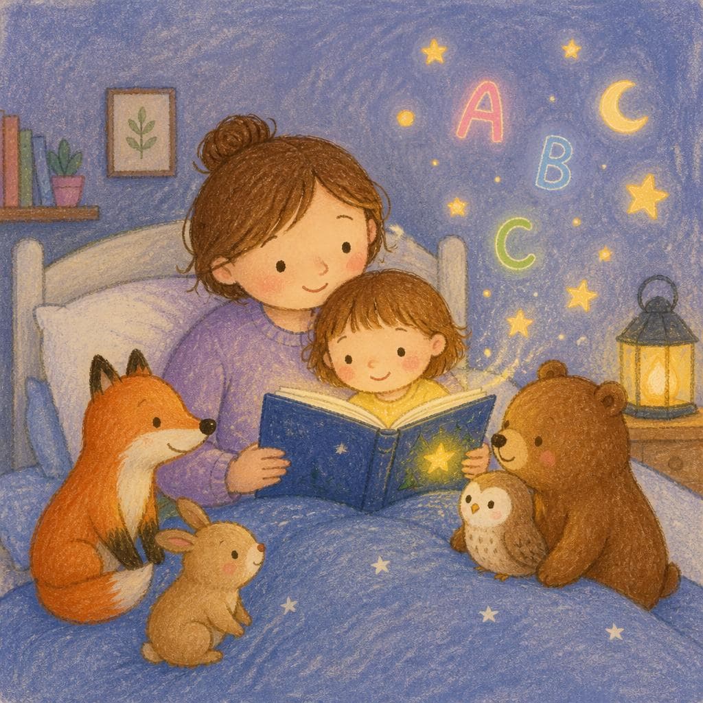 A parent and child reading a magical bedtime story together