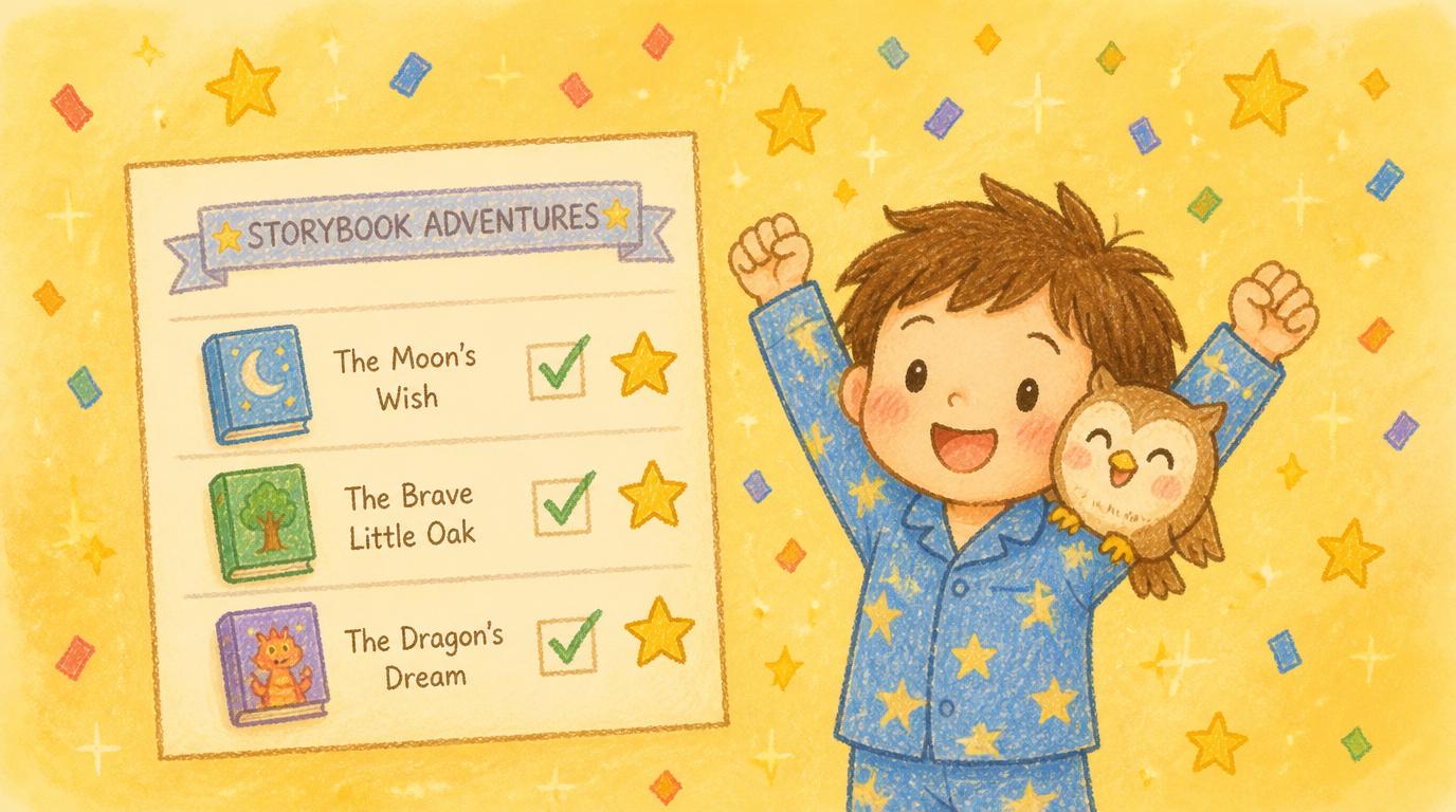 Child celebrating completed storybooks
